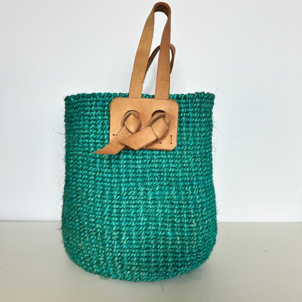 Vintage Vibrant Teal Kenya Sisal Tote Bag with Leather Handles